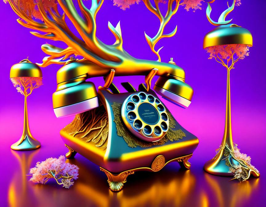 Surreal vintage telephone with tree-like structure and coral branches on vibrant purple background