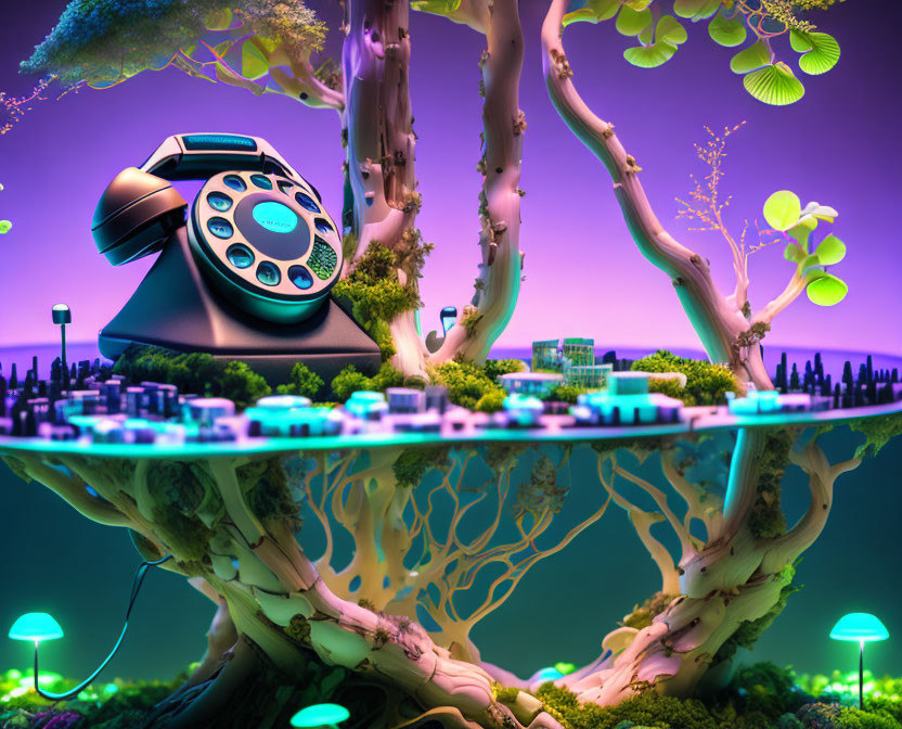 Surreal landscape featuring rotary phone in tree above miniature city