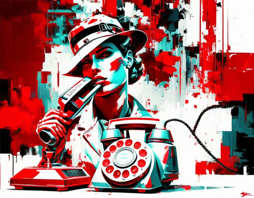 Stylized illustration of person with hat and vintage telephone receiver in vibrant red and blue colors