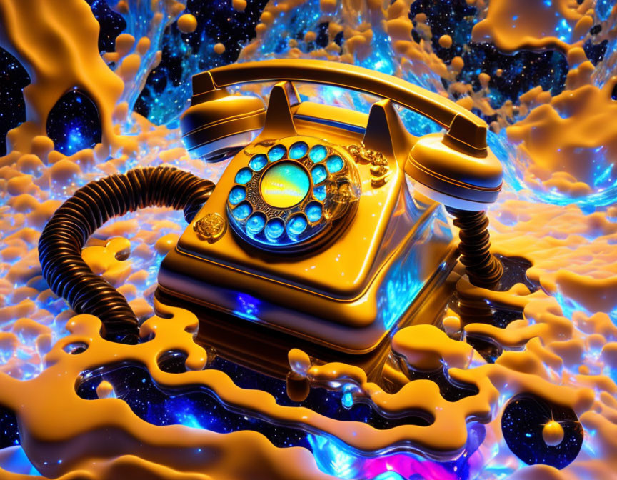 Vintage rotary telephone on abstract blue and gold liquid background