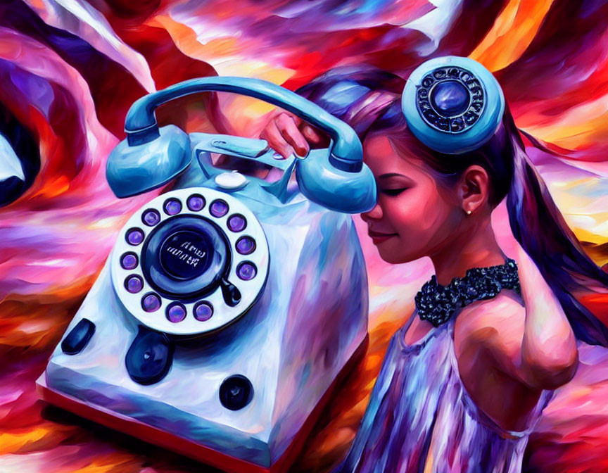 Vibrant artwork of girl with vintage telephone