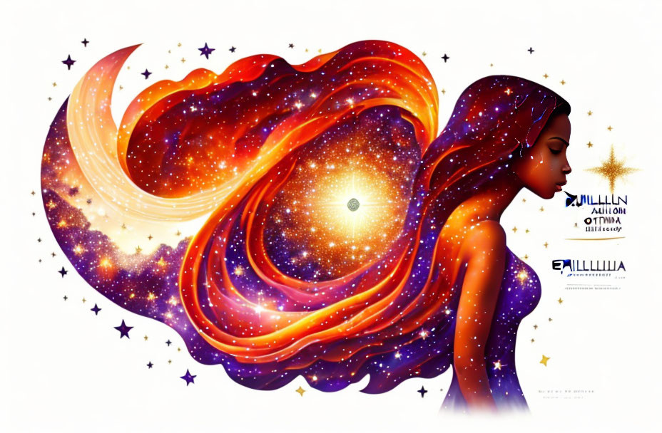 Profile view of a woman with galaxy hair and celestial elements