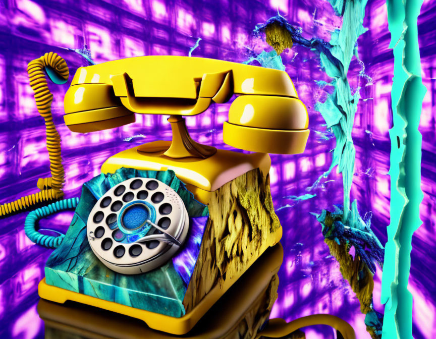 Surreal image of yellow rotary phone on marble stand with glitch effects
