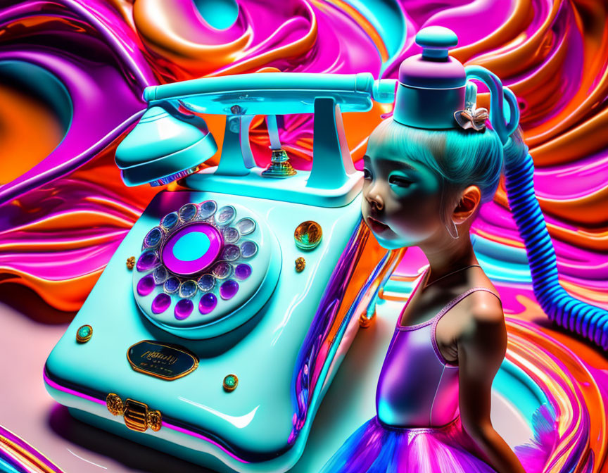 Colorful surreal illustration: Blue-skinned girl with vintage phone in psychedelic swirls