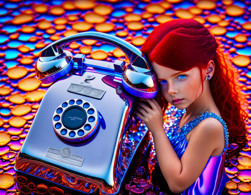 Young girl with red hair and blue eyes by vintage phone and headphones on colorful background