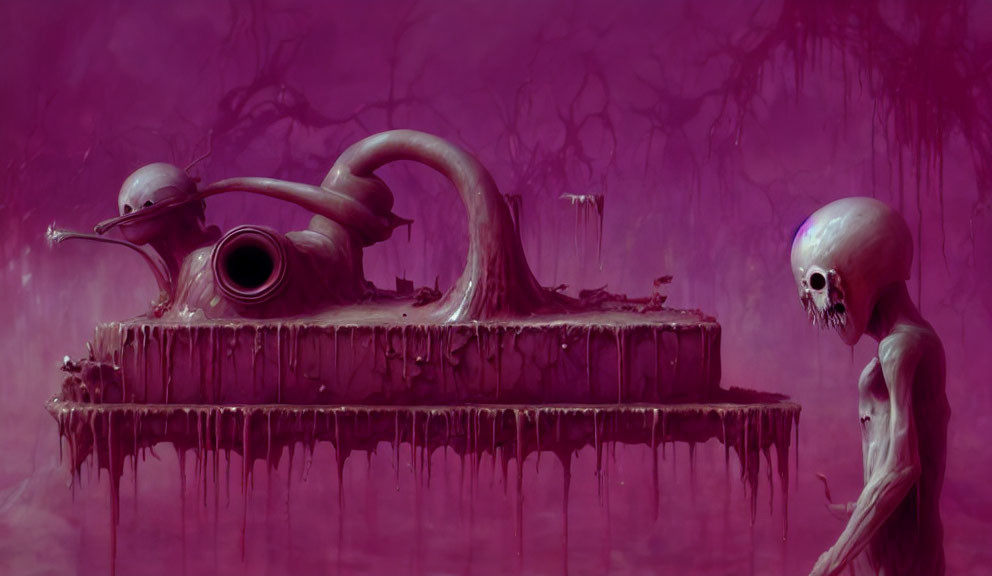 Surreal purple landscape with slimy creature and humanoid figure