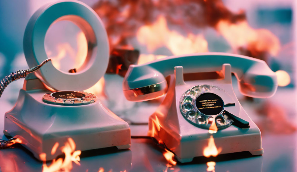 Vintage rotary phones engulfed in flames under surreal pink and blue lighting