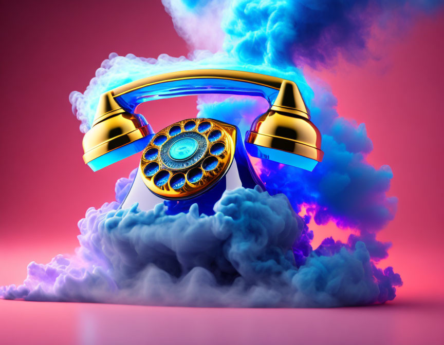 Surreal rotary telephone in blue smoke on red background