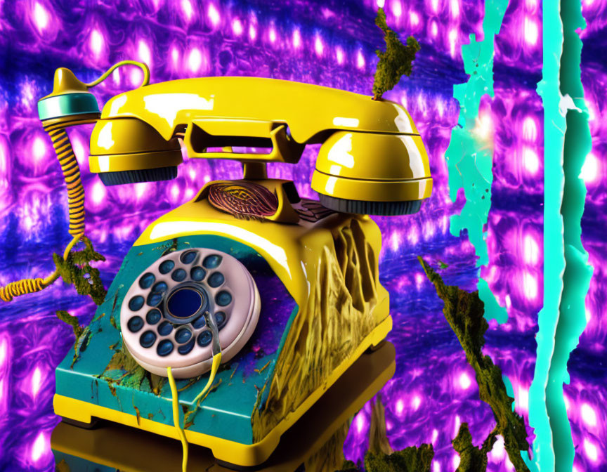 Vintage Yellow Rotary Phone on Abstract Purple and Blue Background with Lightning Bolts