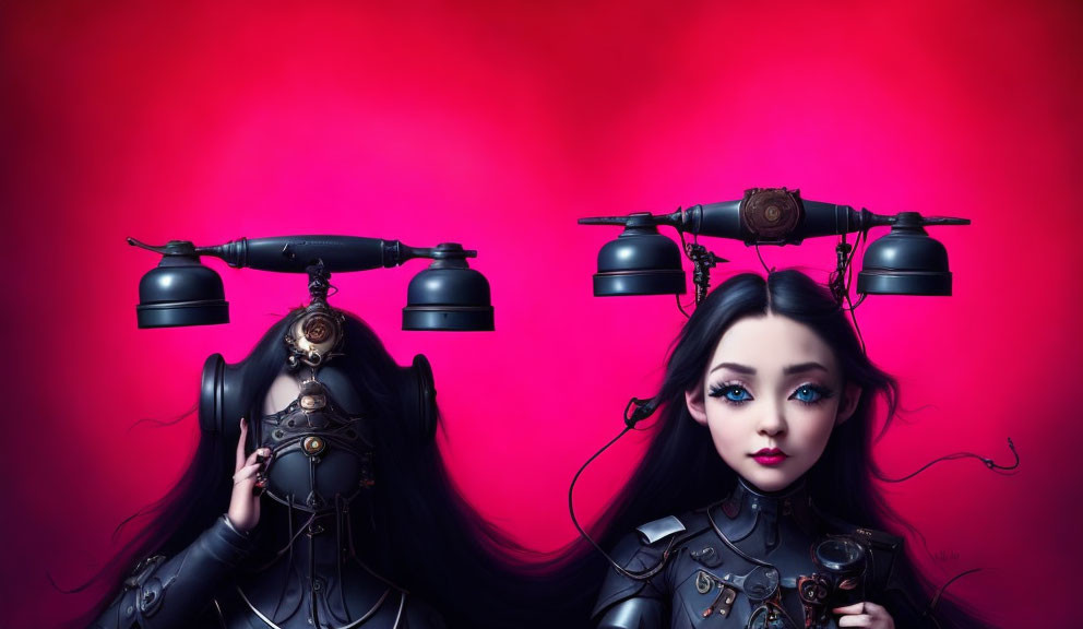 Stylized female characters with mechanical headpieces on vivid magenta background