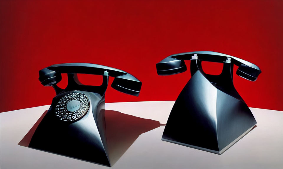 Vintage black rotary telephones with lifted handsets on red background