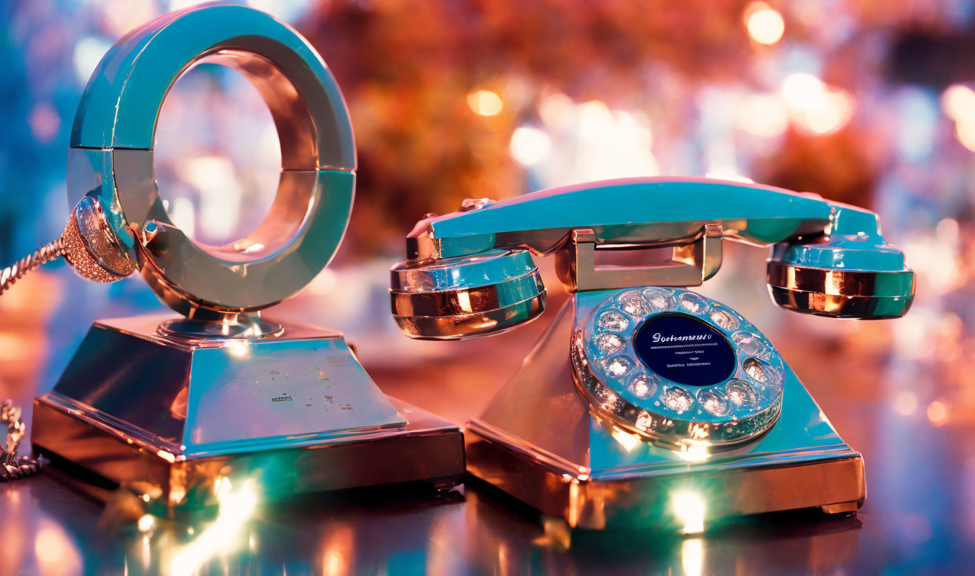 Vintage Turquoise Rotary Dial Telephone with Shiny Accents on Colorful Bokeh Background