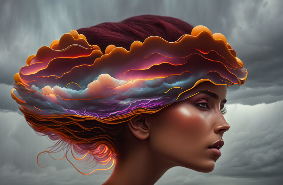 Colorful woman's profile with hair as thundercloud in stormy sky