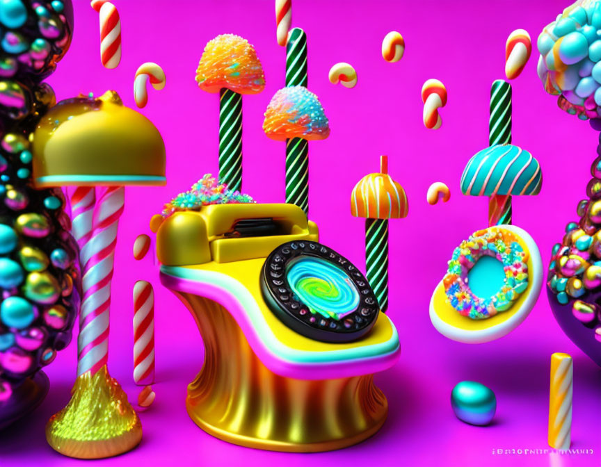 Vibrant vintage rotary phone with candy canes and lollipops