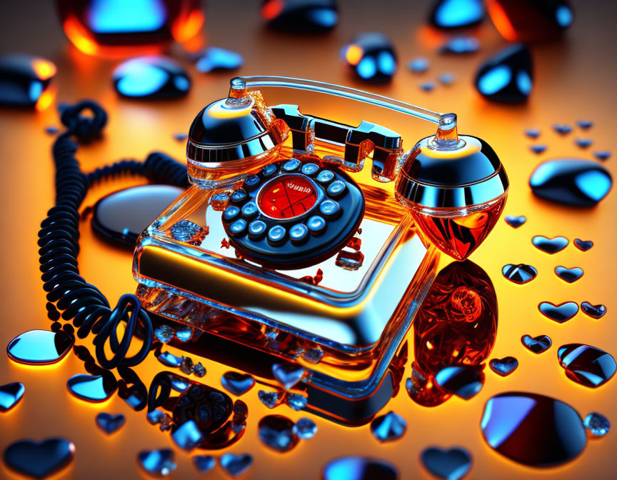 Vintage Chrome Rotary Phone with Heart-Shaped Reflections on Orange Surface