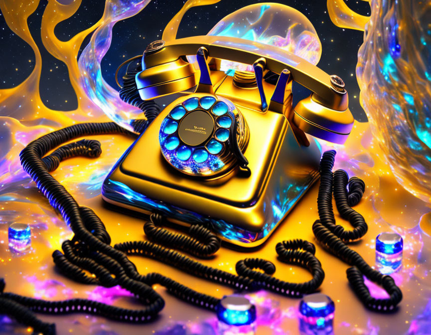 Vintage Golden Telephone with Rotary Dial in Surreal Cosmic Setting