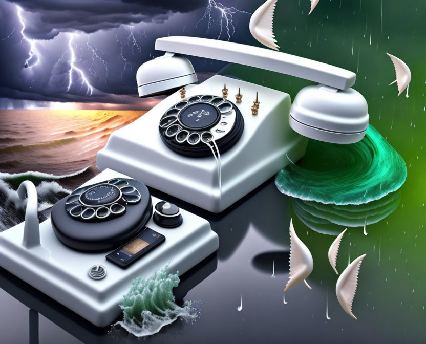 Surreal artwork of classic telephones in stormy seascape