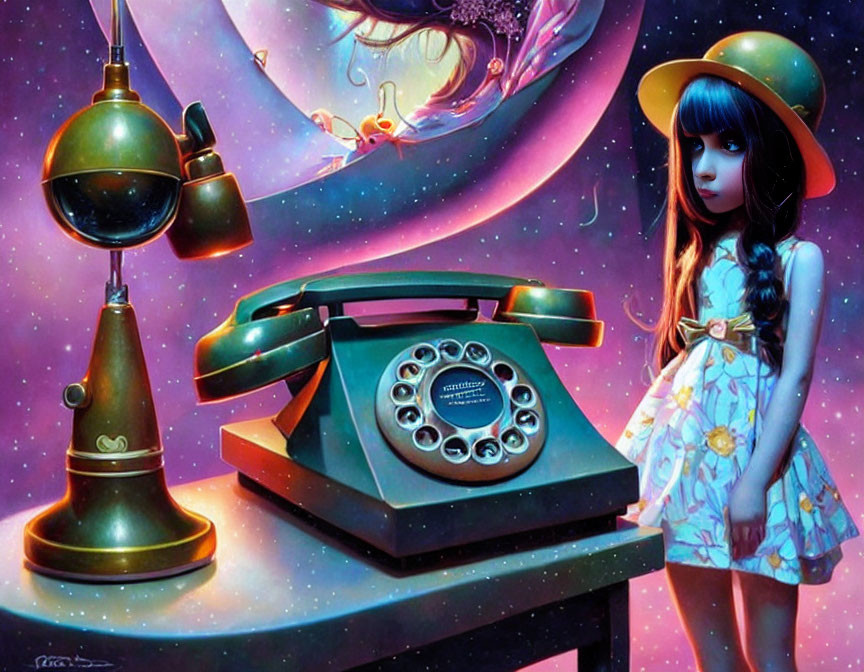 Whimsical painting of girl with large eyes and telephone in space-themed setting