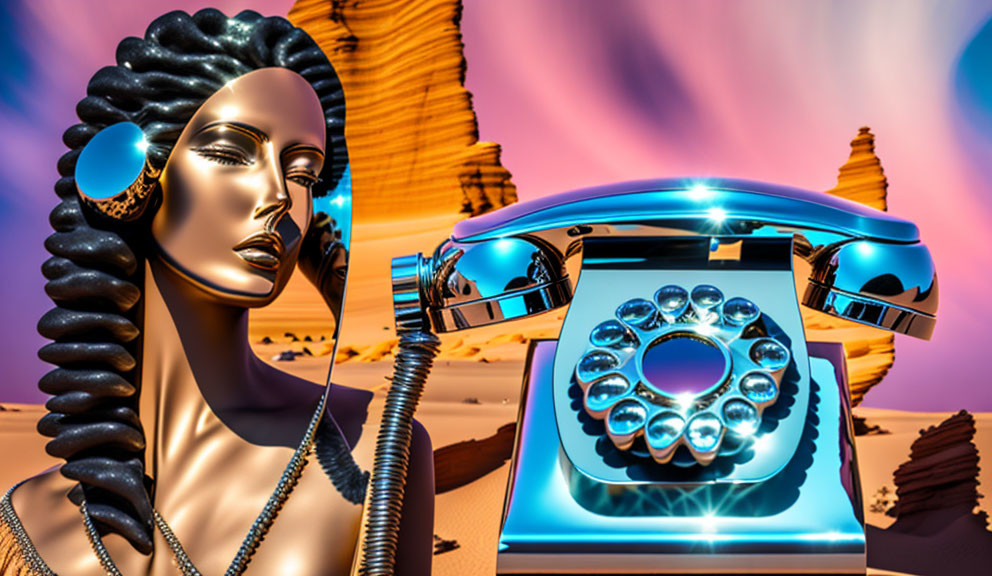 Surreal metallic mannequin head with Egyptian hairstyle by retro blue telephone in desert landscape
