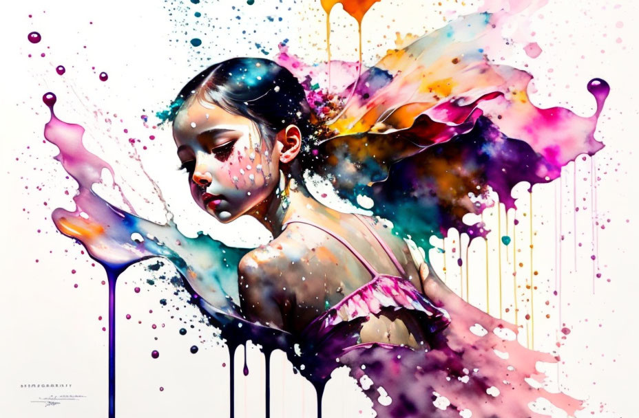 Colorful Abstract Artwork Featuring Woman with Paint Splashes