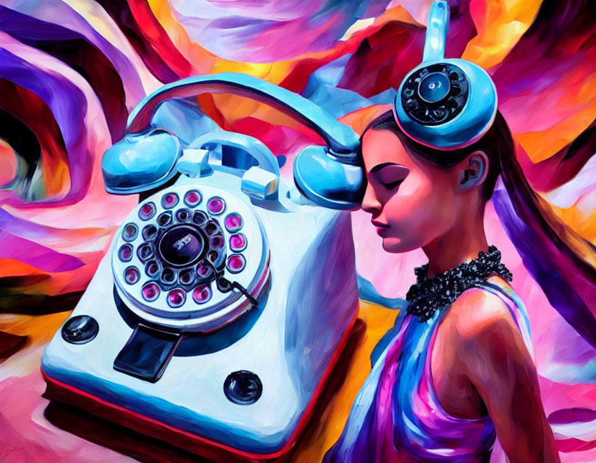 Vibrant painting of woman with head on rotary phone against abstract background