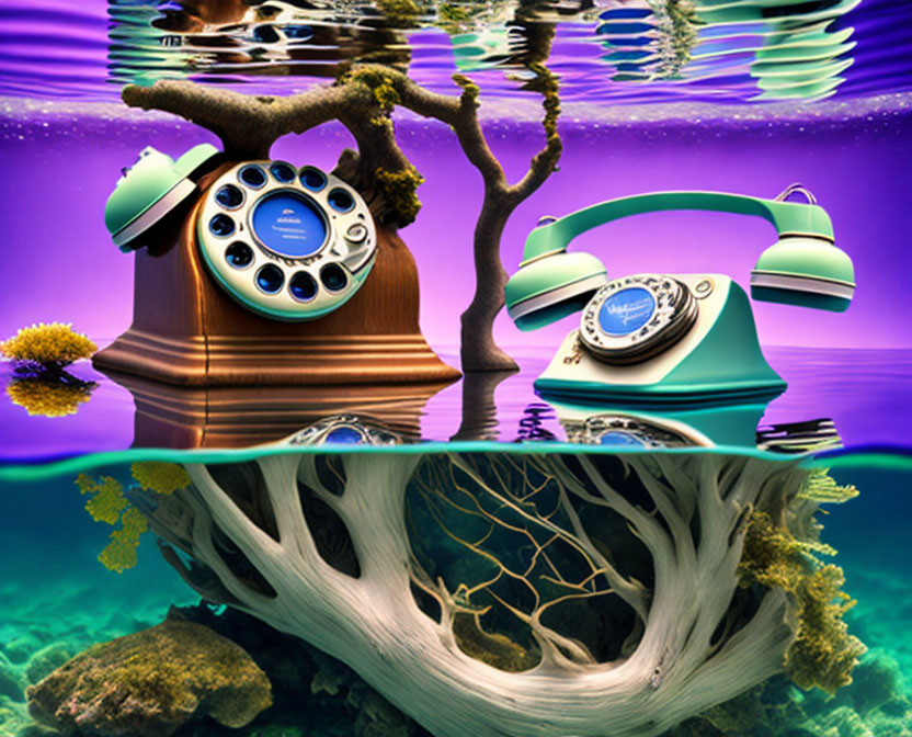Surreal underwater scene with vintage rotary phones as trees and coral-like structures