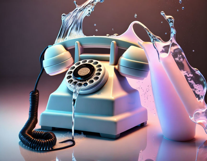 Vintage rotary phone with water splashing on gradient backdrop