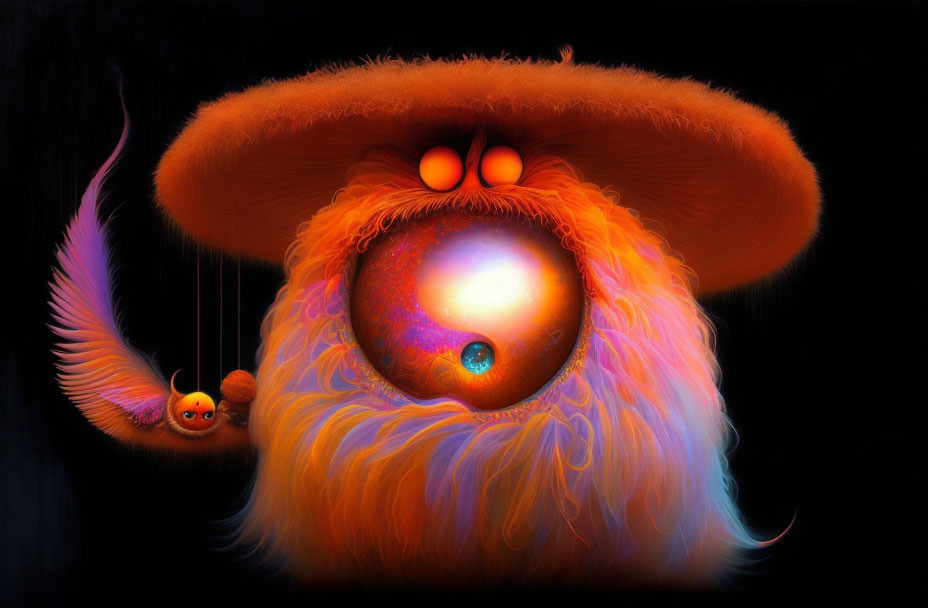 Colorful digital artwork: Fluffy creature with galaxy belly and winged companion