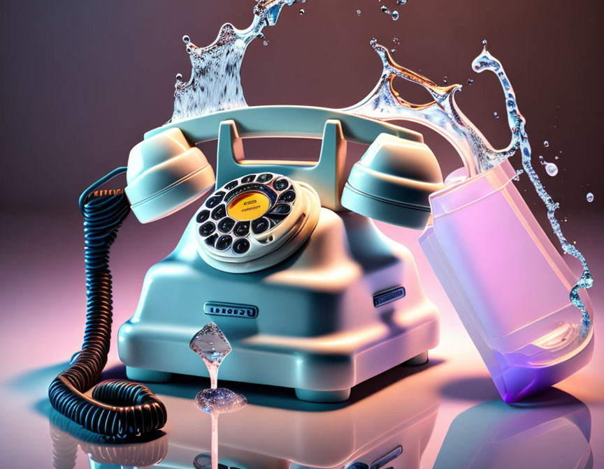 Vintage turquoise telephone off-hook, water splash, glass, and tumbler on gradient background.
