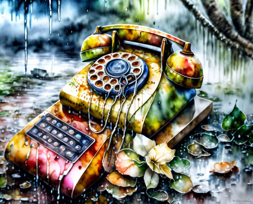 Colorful painting of melting rotary phone in rain with flowers and foliage.