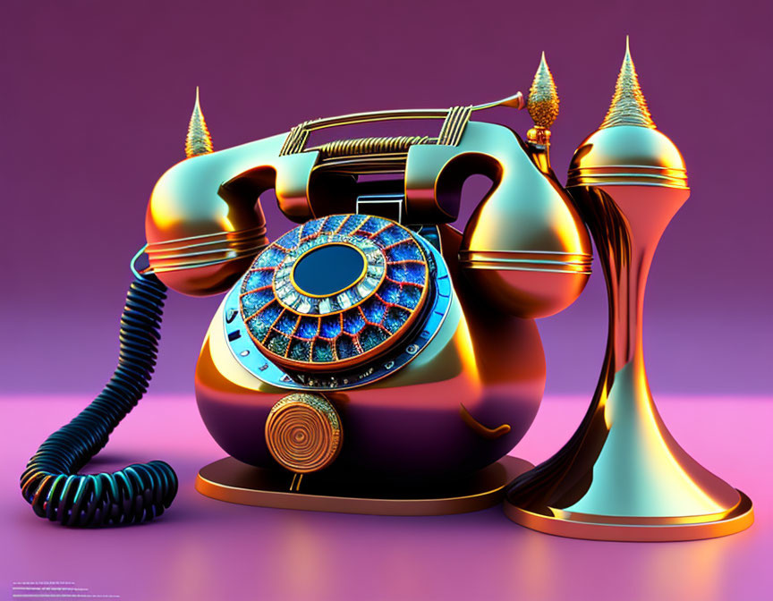 Vibrant surreal vintage rotary phone illustration on purple background