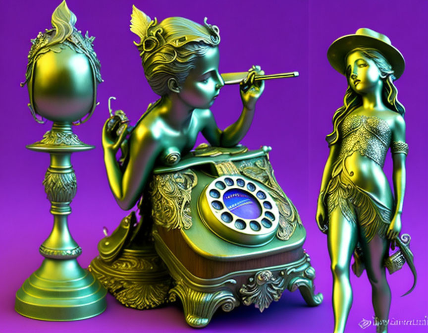 Metallic green and gold female figure with Pinocchio-like nose beside antique telephone, mirror, and