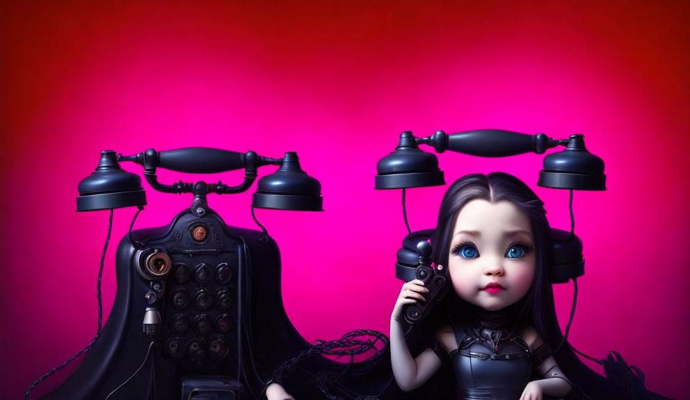 3D-rendered image of doll with blue eyes and vintage phones on pink background