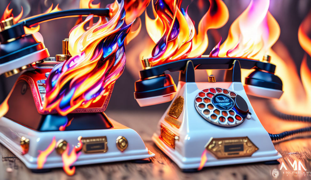 Vintage Telephones Engulfed in Flames on Wooden Surface