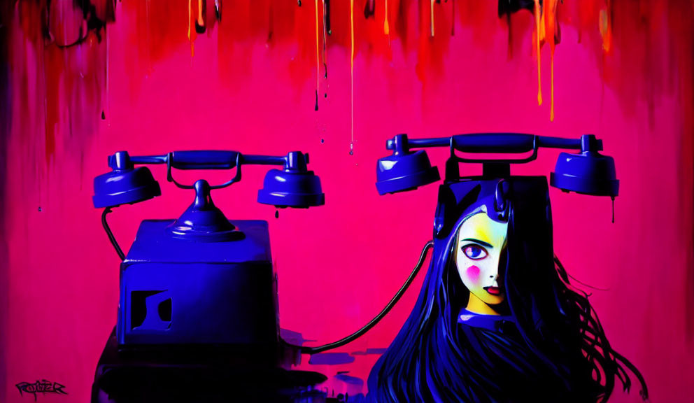 Cartoon-style girl with big eyes and vintage telephones on vibrant red background.