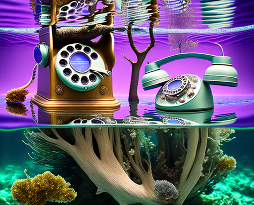 Surreal underwater scene with vintage rotary phones and coral-like growths
