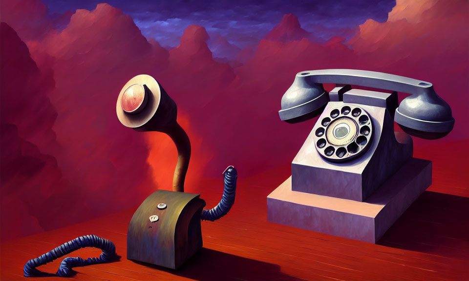 Surreal anthropomorphic phones on red landscape with purple mountains