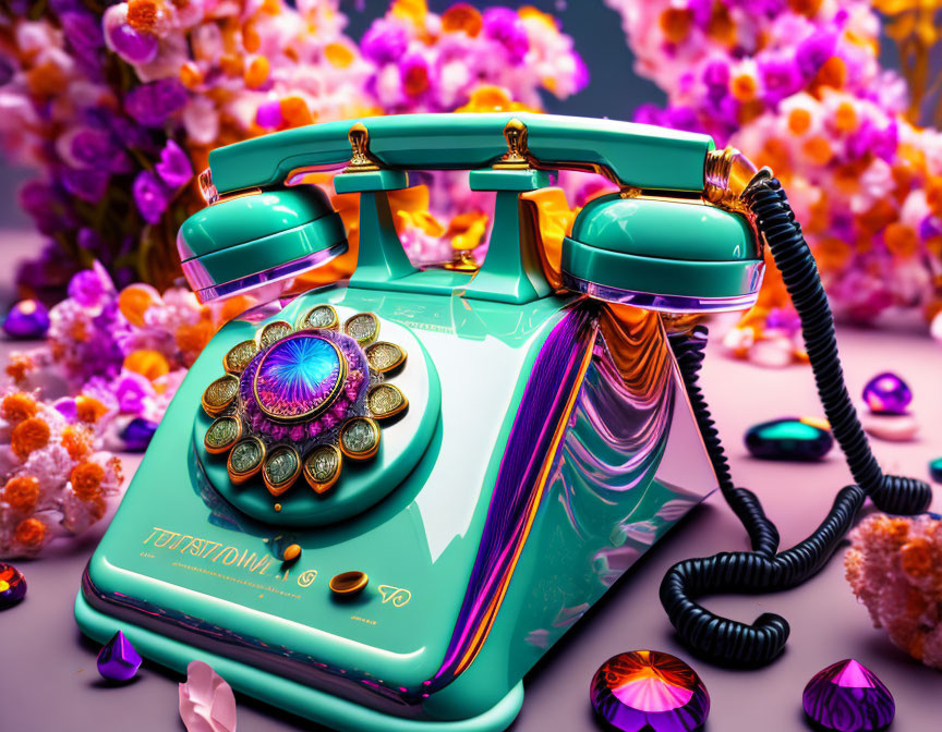 Vintage Telephone with Psychedelic Colors and Flowers on Purple Surface