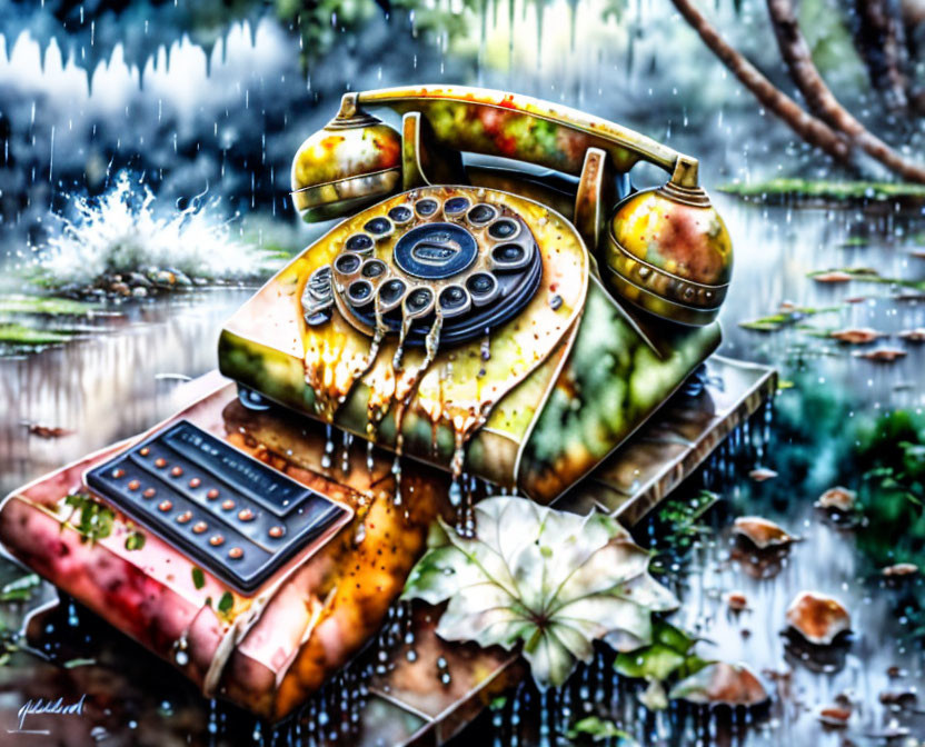 Vintage rotary phone and calculator on wet surface with rain and water lilies