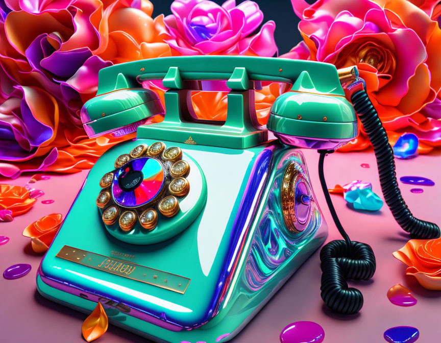 Colorful Retro Telephone with Rotary Dial and Stylized Roses on Glossy Surface