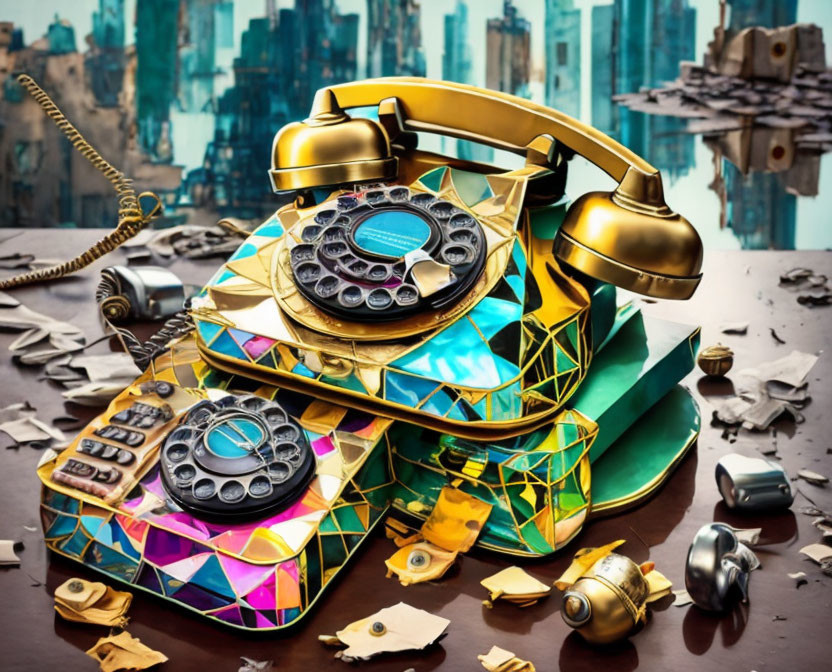 Colorful Vintage Telephones Among Floating City Debris
