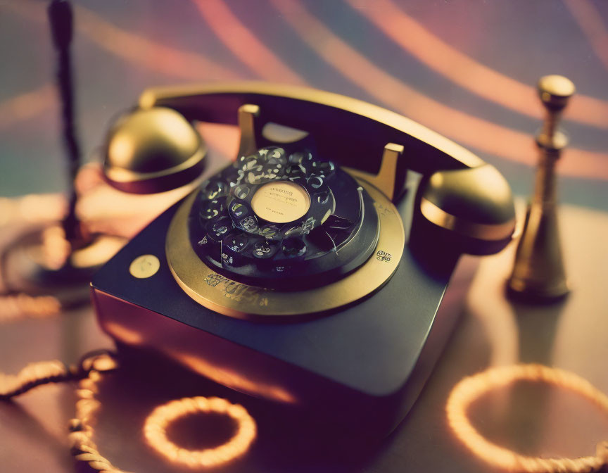 Vintage Black and Brass Rotary Dial Telephone on Reflective Surface