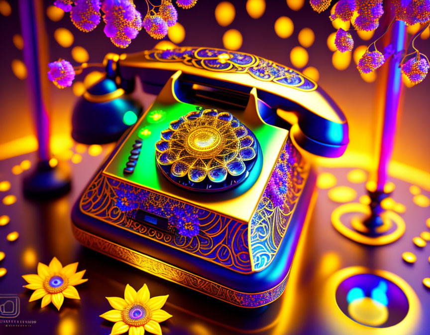 Vintage Rotary Phone with Golden and Blue Patterns in Warm Ambient Light