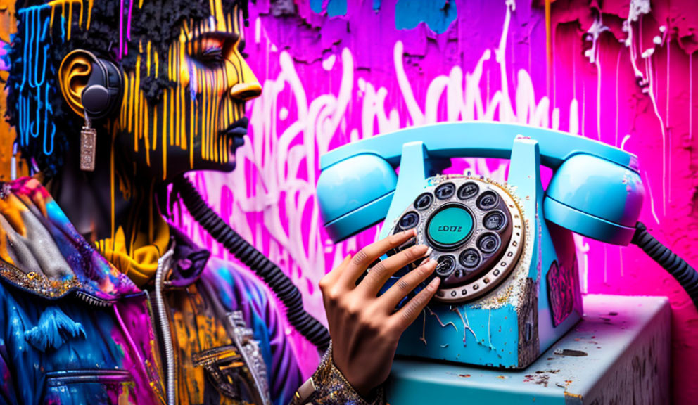 Colorful Makeup Portrait with Retro Phone on Graffiti Background