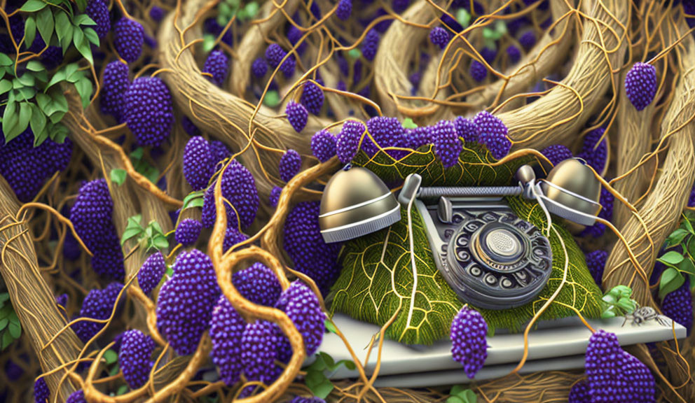 Vintage Phone Covered in Grapevines and Leaves: Nature Reclaiming Technology