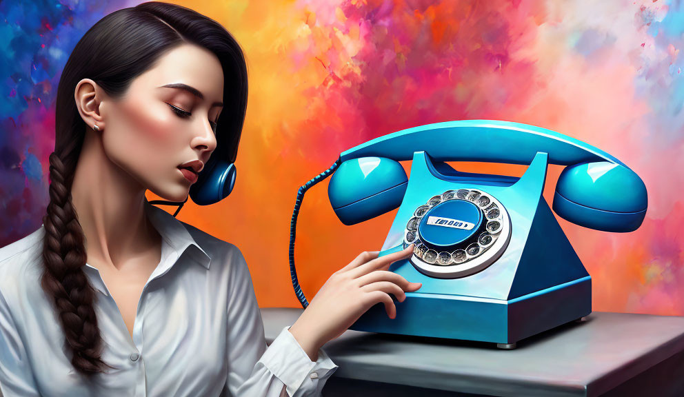 Woman with braid on vintage blue telephone against vibrant abstract background