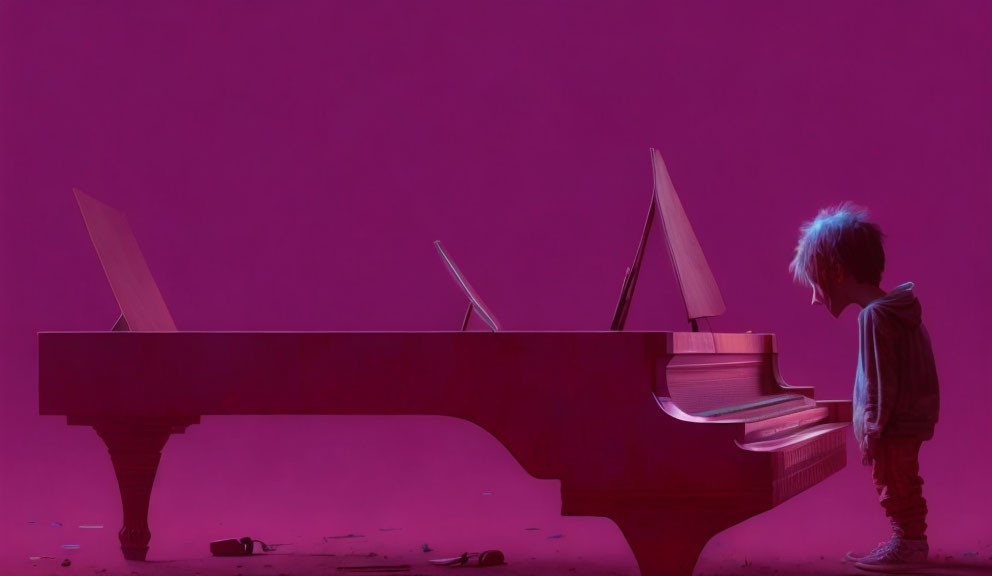 Child standing next to open grand piano under purple lighting
