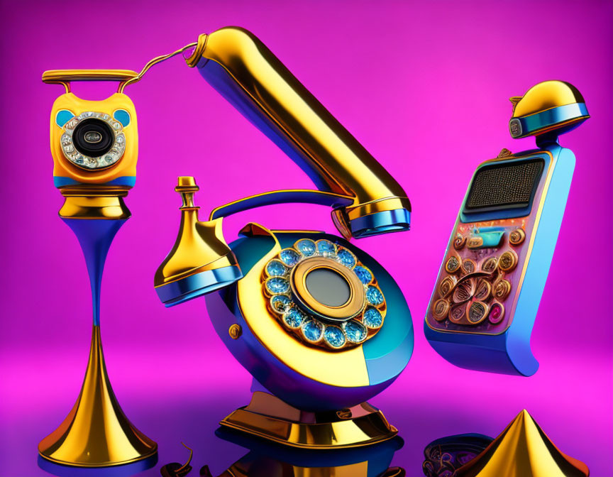 Stylized vintage telephones with gold accents on purple background