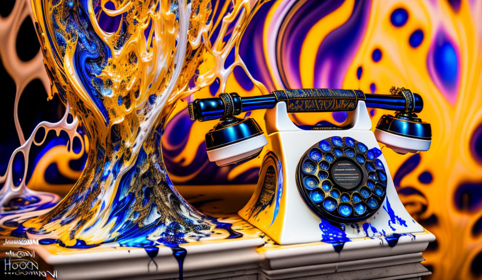 Surreal rotary phone with blue and gold patterns on liquid-like background