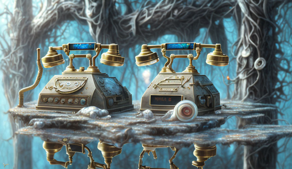 Vintage ornate telephones on frost-covered surface in mystical forest.